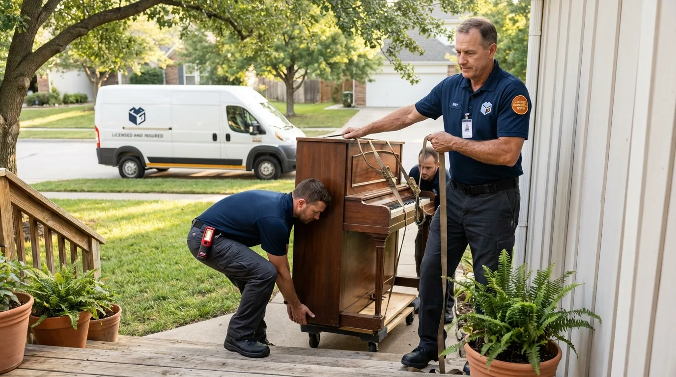 Licensed piano movers securing grand piano in Highlands, NJ