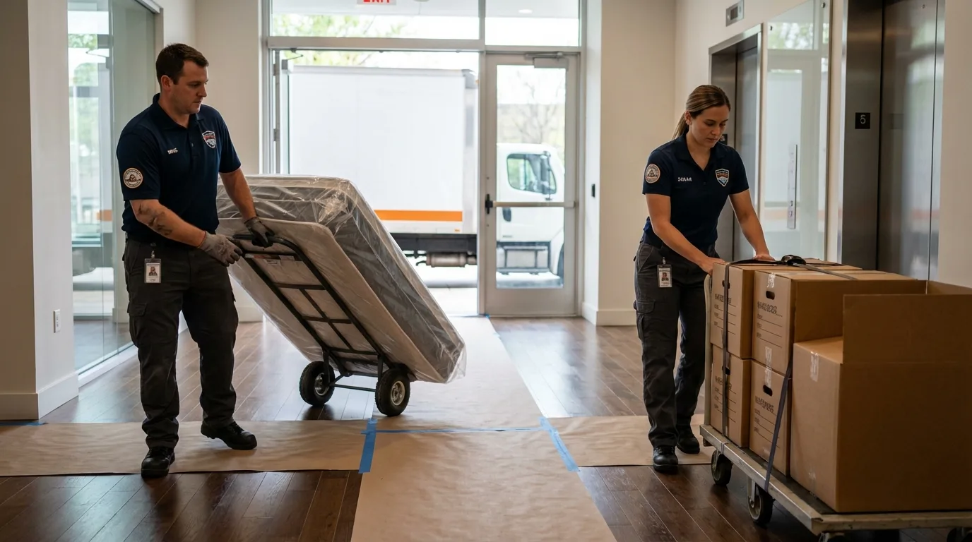 Professional apartment movers loading elevator in Highlands, NJ