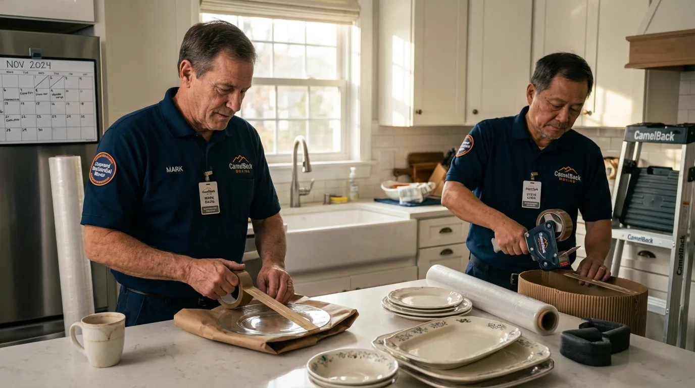 Professional crew packing kitchen dishware in Highlands, NJ